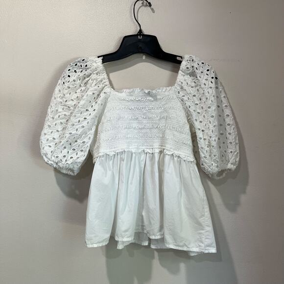 American Eagle Puff Sleeve Babydoll White Eyelet Smocked Blouse Size S - Picture 2 of 6